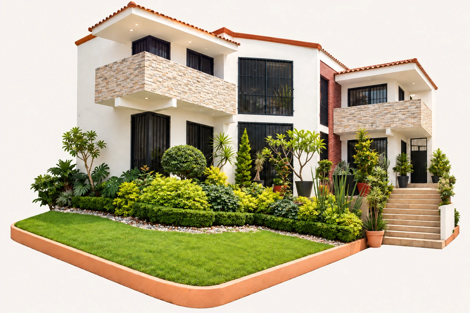 Render ilustrativo de la casa de Momentto Garden: fachada blanca, balcones de piedra y jardín frontal.
